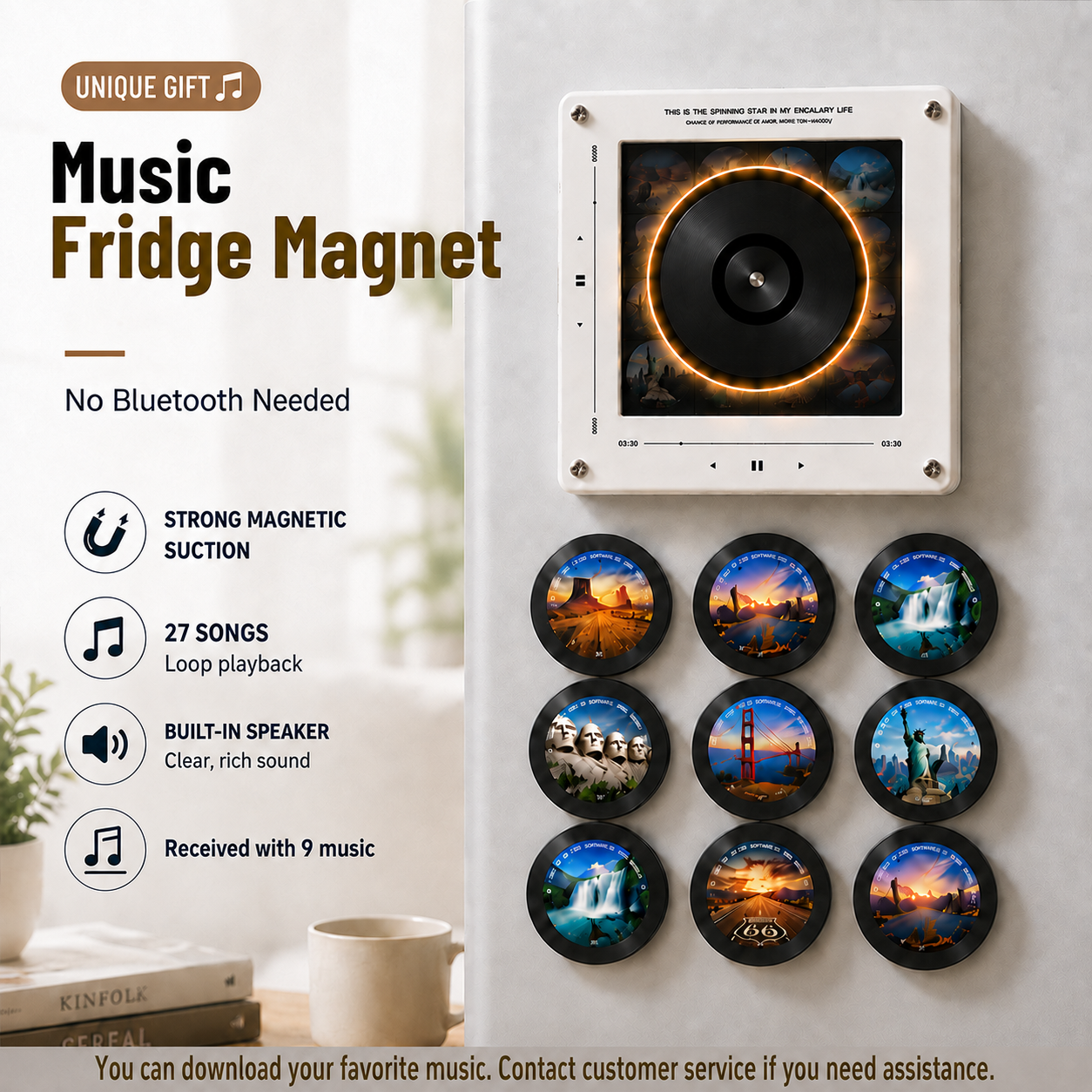 Mini Vinyl Music Player Fridge Magnet – Interactive Magnetic Record Player with Swappable Songs, Retro Music Gift for Music Lovers