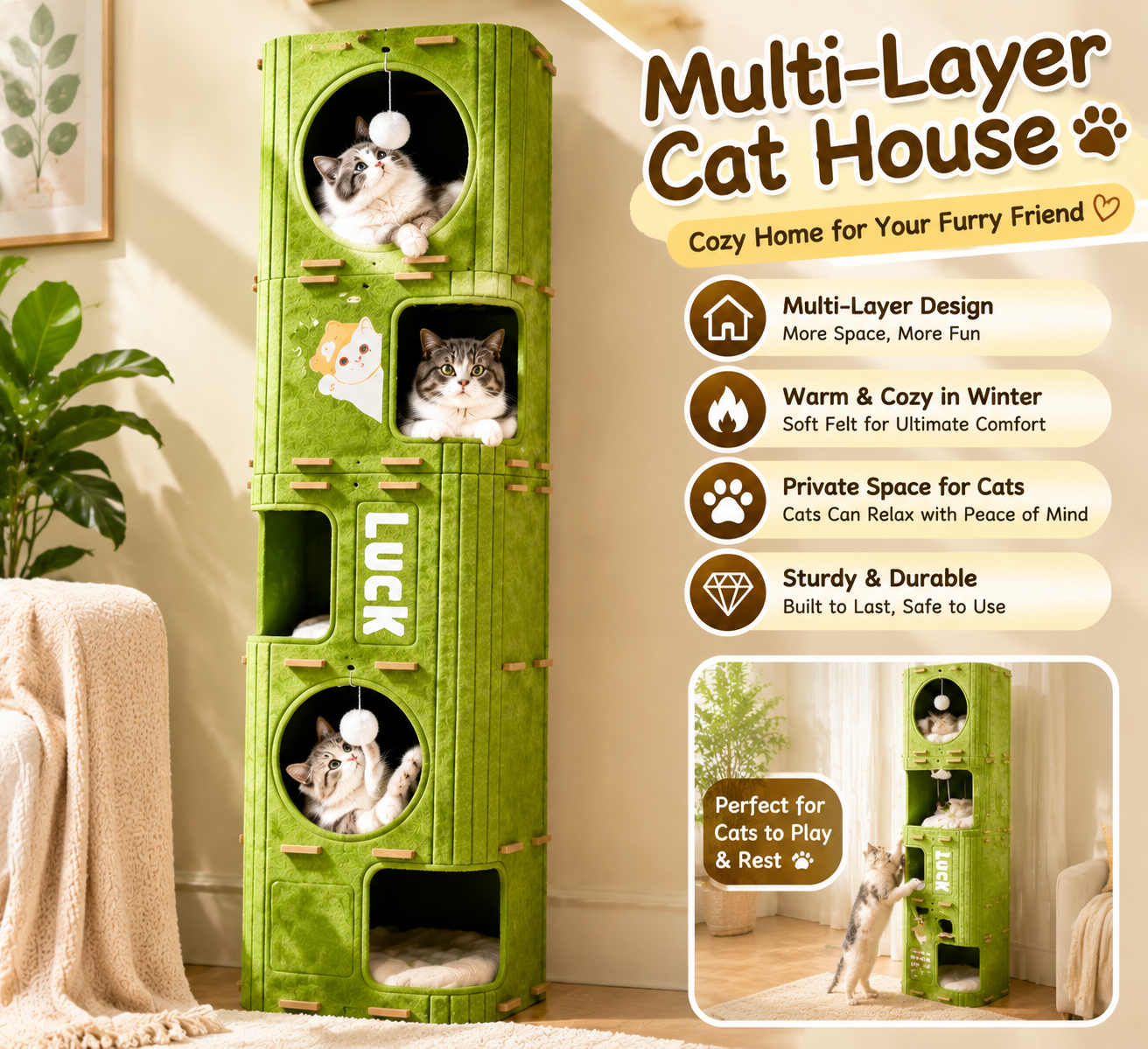 Multi-Level Cat Tower House – Cozy Indoor Cat Condo with Multiple Hideaways, Play Spaces & Resting Areas