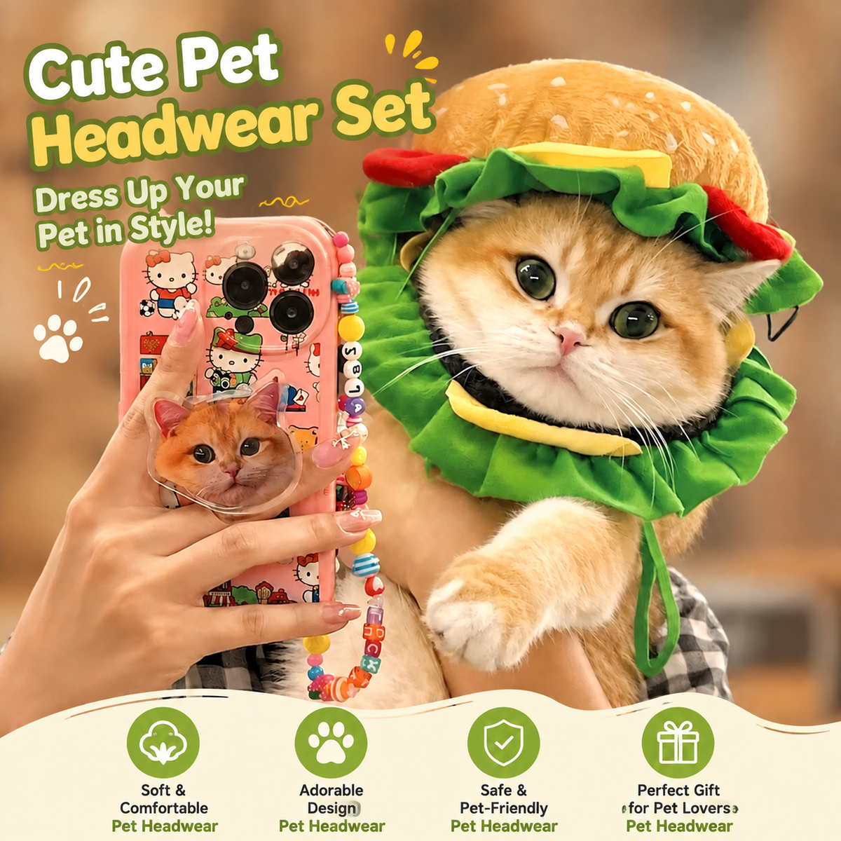 Cute Pet Headwear Set – Burger-Inspired Hat & Ruffle Collar Costume for Cats and Small Dogs