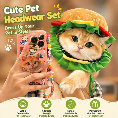 Cute Pet Headwear Set – Burger-Inspired Hat & Ruffle Collar Costume for Cats and Small Dogs