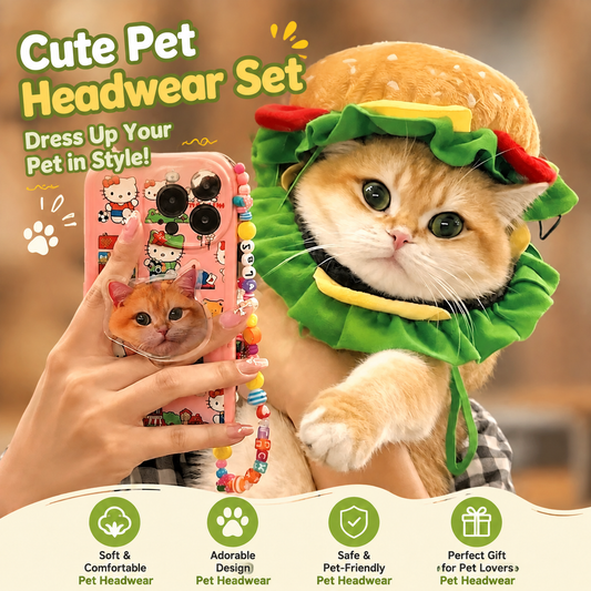 Cute Pet Headwear Set – Burger-Inspired Hat & Ruffle Collar Costume for Cats and Small Dogs