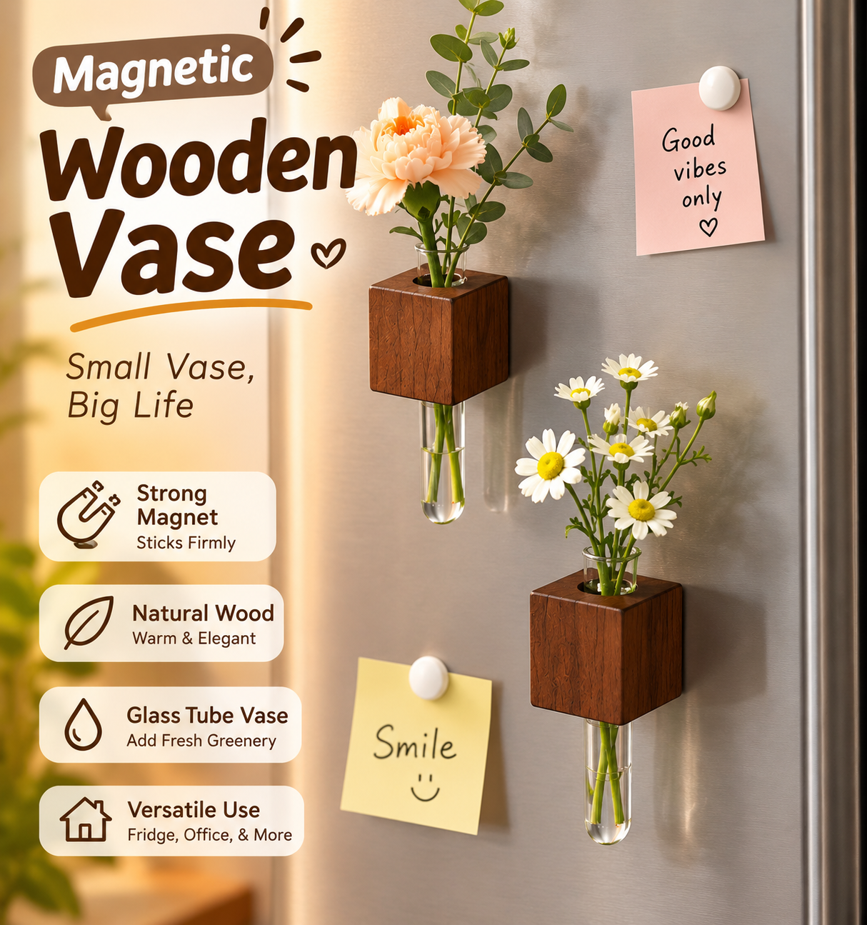 Magnetic Wooden Vase for Wall & Fridge – Minimalist Glass Tube Flower Holder, Space-Saving Home Decor for Fresh Flowers & Plants