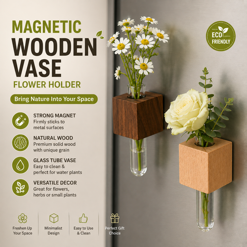 Magnetic Wooden Vase for Wall & Fridge – Minimalist Glass Tube Flower Holder, Space-Saving Home Decor for Fresh Flowers & Plants