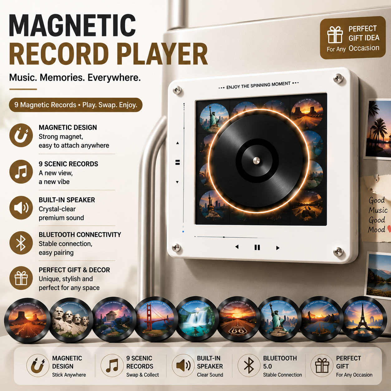 Mini Vinyl Music Player Fridge Magnet – Interactive Magnetic Record Player with Swappable Songs, Retro Music Gift for Music Lovers