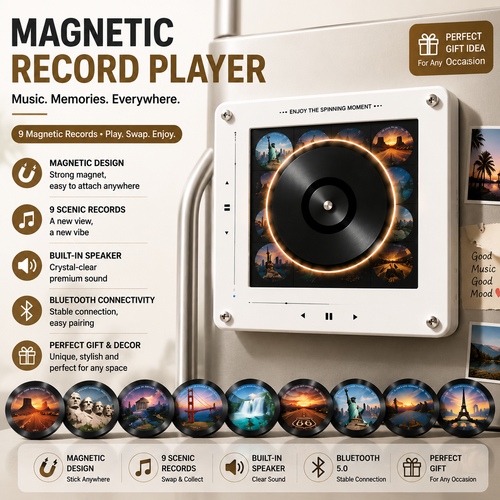 Mini Vinyl Music Player Fridge Magnet – Interactive Magnetic Record Player with Swappable Songs, Retro Music Gift for Music Lovers